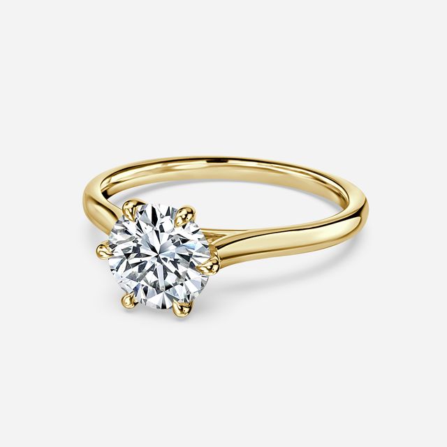6 Prong Yellow Gold Solitaire Engagement Ring Tapering Band