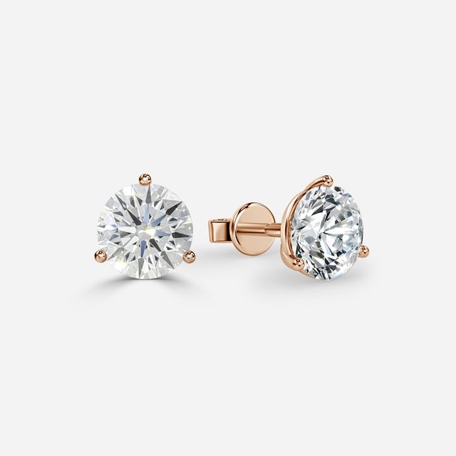 3 Claw Round Diamond Stud Earrings in Rose Gold