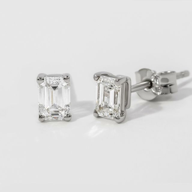 Emerald Cut  Diamond Stud Earrings In White Gold