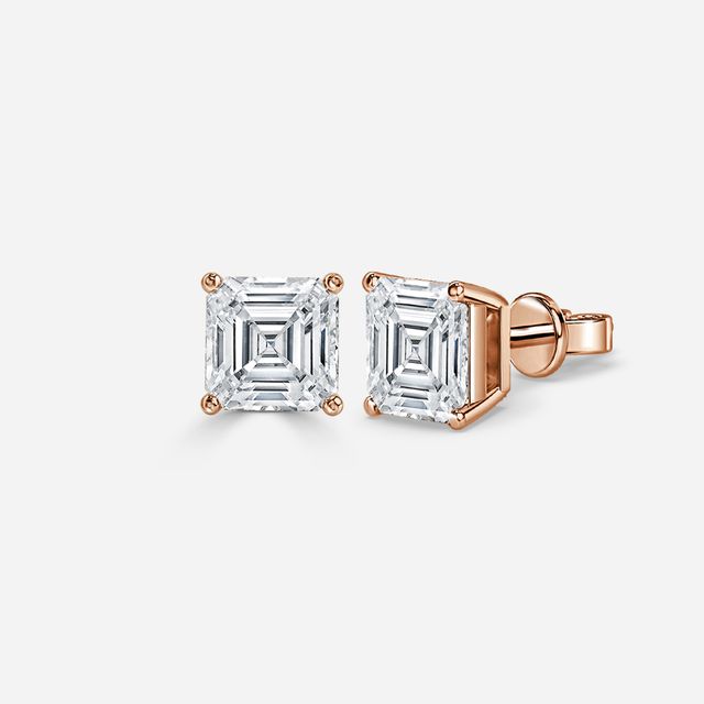 Asscher Cut Diamond Stud Earrings In Rose Gold