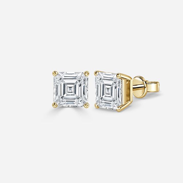 Asscher Cut Diamond Stud Earrings In Yellow Gold