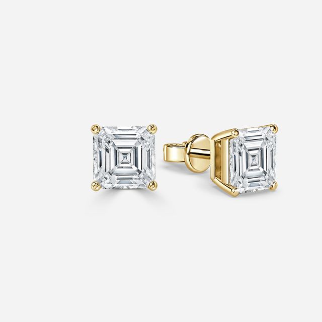 Asscher Cut Diamond Stud Earrings In Yellow Gold