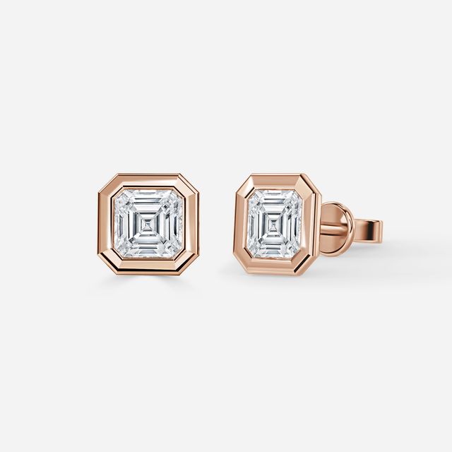 Bezel Set Rose Gold Asscher Cut Diamond Studs