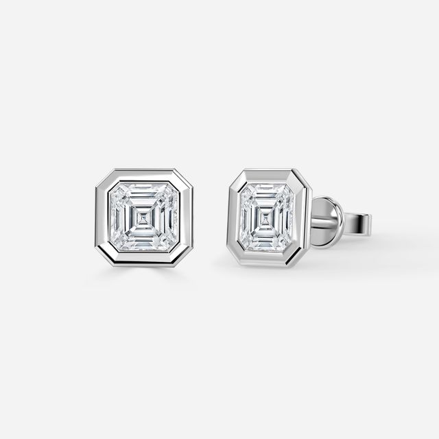 Bezel Set Asscher Cut Diamond Studs In White Gold