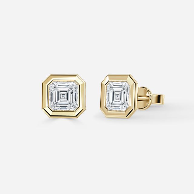 Bezel Set Yellow Gold Asscher Cut Diamond Studs