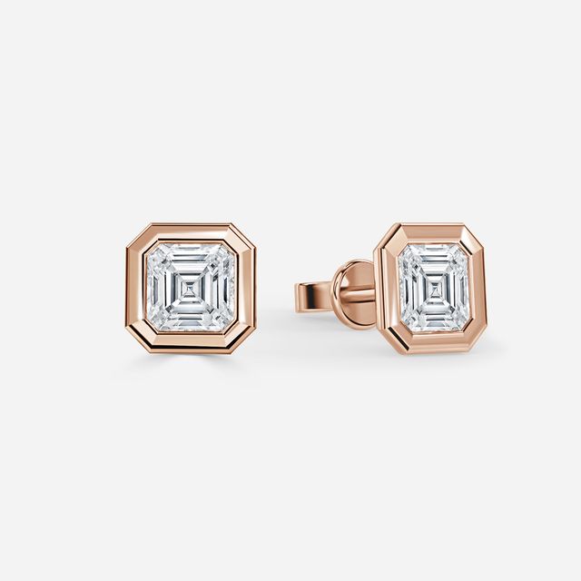 Bezel Set Rose Gold Asscher Cut Diamond Studs