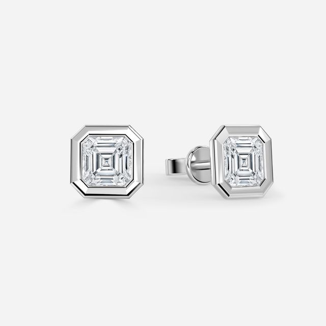 Bezel Set Asscher Cut Diamond Studs In White Gold