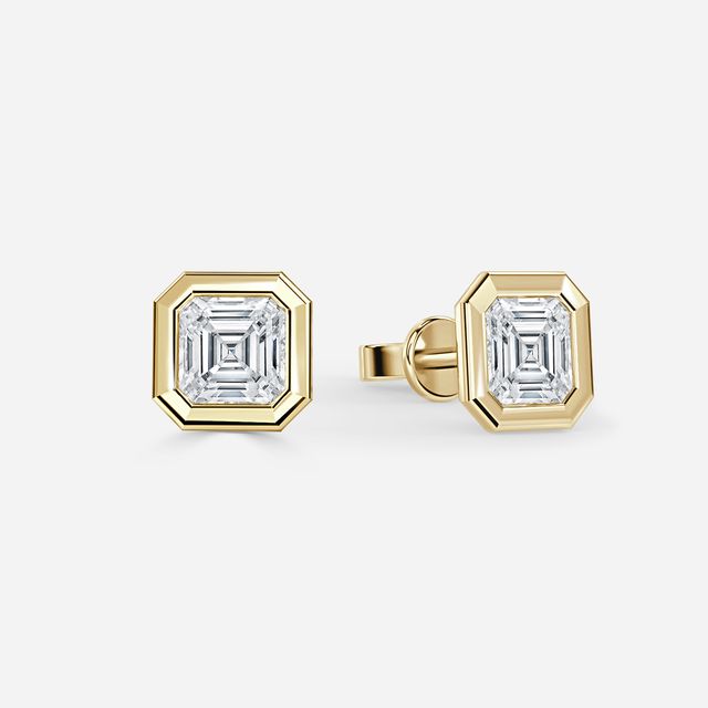 Bezel Set Yellow Gold Asscher Cut Diamond Studs