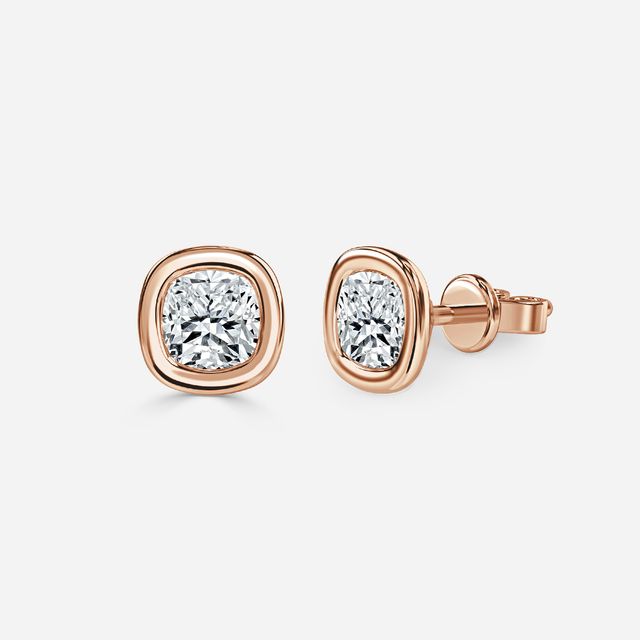 Bezel Set Cushion Cut Diamond Studs In Rose Gold