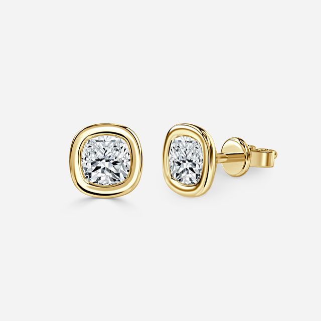 Bezel Set Yellow Gold Cushion Cut Diamond Studs