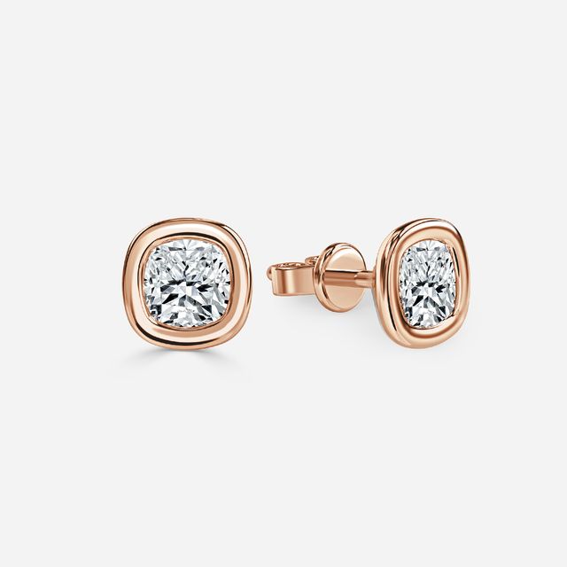 Bezel Set Cushion Cut Diamond Studs In Rose Gold