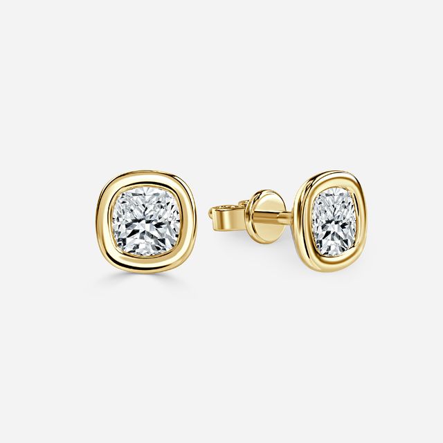 Bezel Set Yellow Gold Cushion Cut Diamond Studs