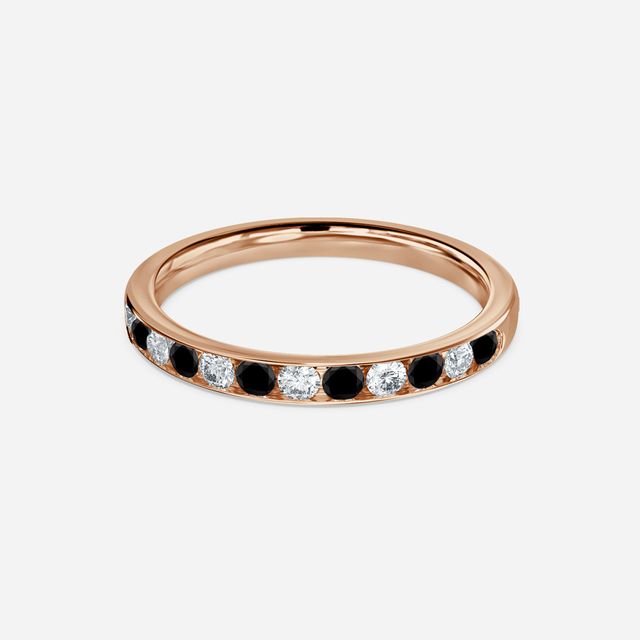Channel Set White And Black Diamond Ring In Rose Gold