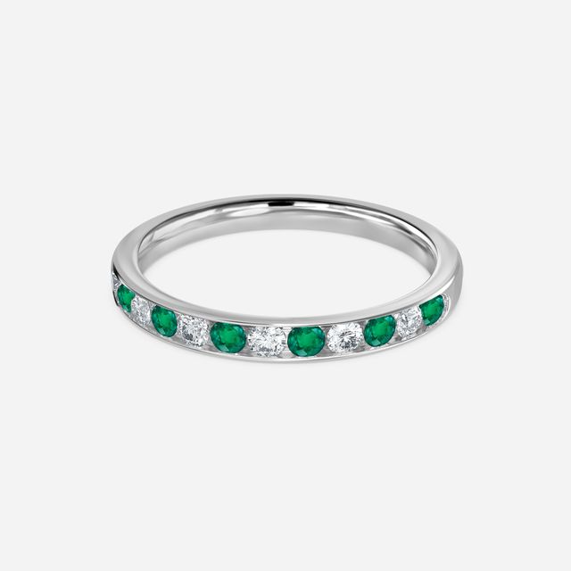 Angelou Channel Set Green Emerald And Diamond Ring In White Gold