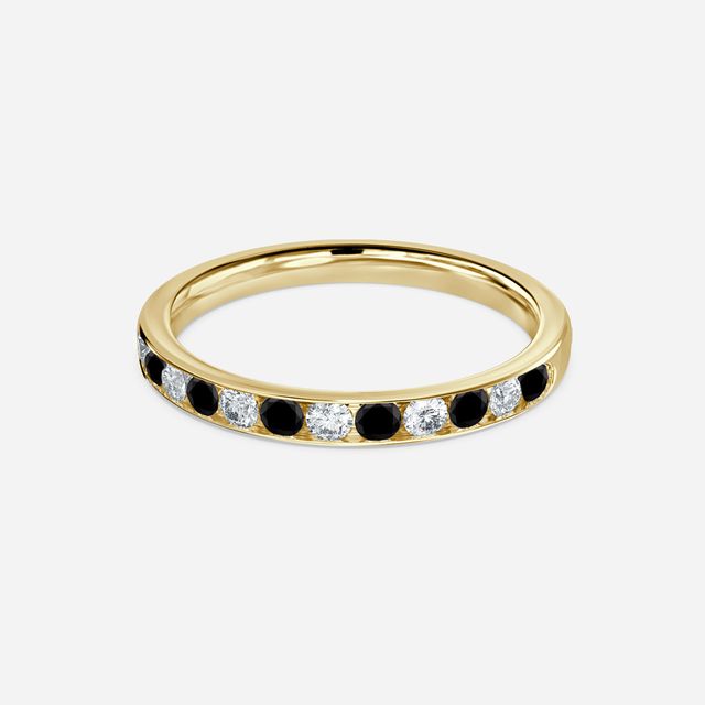 Angelou Channel Set White And Black Diamond Ring In Yellow Gold