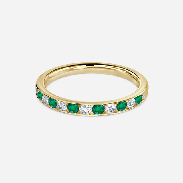 Angelou Channel Set Green Emerald And Diamond Ring In Yellow Gold