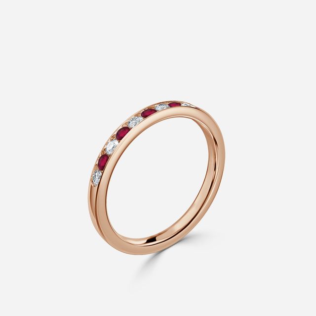 Angelou Channel Set Ruby And Diamond Ring In Rose Gold