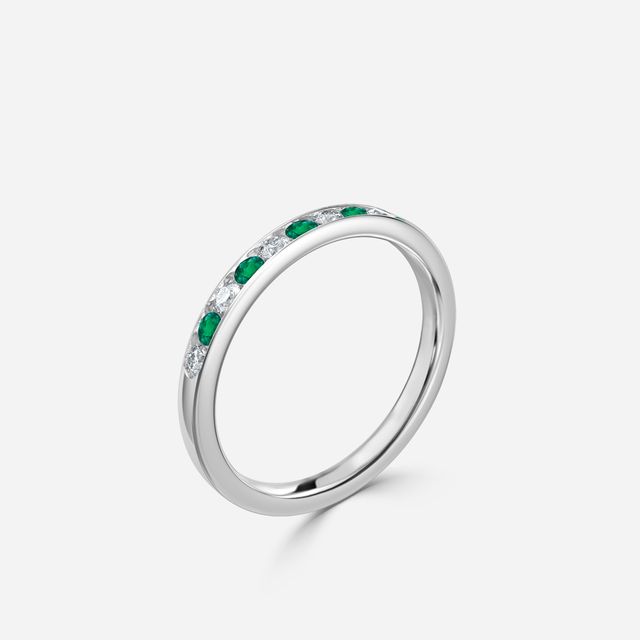Angelou Channel Set Green Emerald And Diamond Ring In White Gold