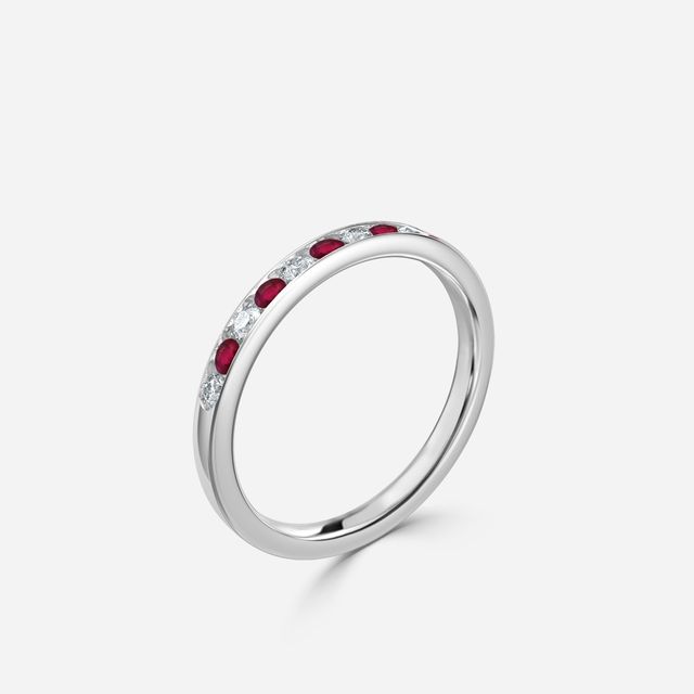 Angelou Channel Set Ruby And Diamond Ring In White Gold