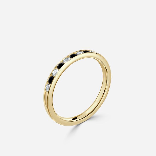 Angelou Channel Set White And Black Diamond Ring In Yellow Gold