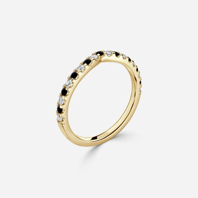 Curved Yellow Gold Claw Set With Diamond And Black Diamond