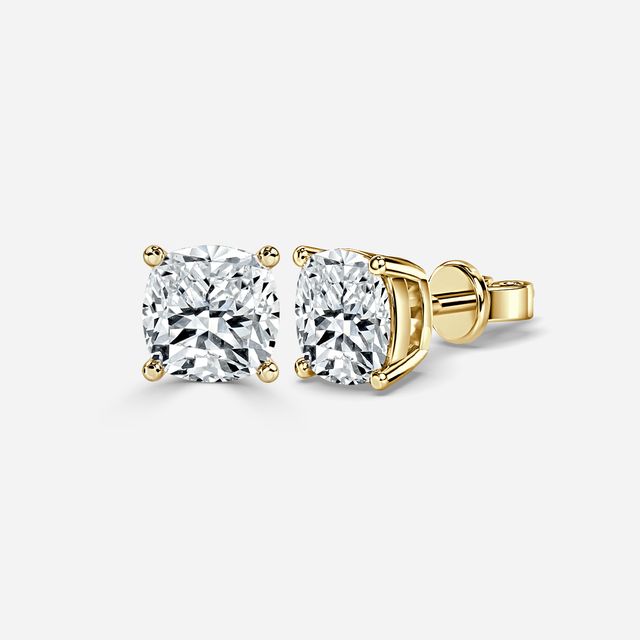 Cushion Cut Diamond Stud Earrings In Yellow Gold