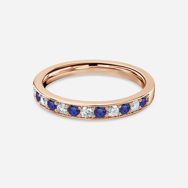 Blue Sapphire And Diamond Wedding Ring Grain Set In Rose Gold