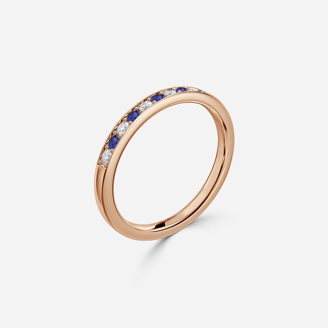 Blue Sapphire And Diamond Wedding Ring Grain Set In Rose Gold