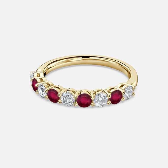 Ruby And Diamond Shared Single Claw Set In Yellow Gold