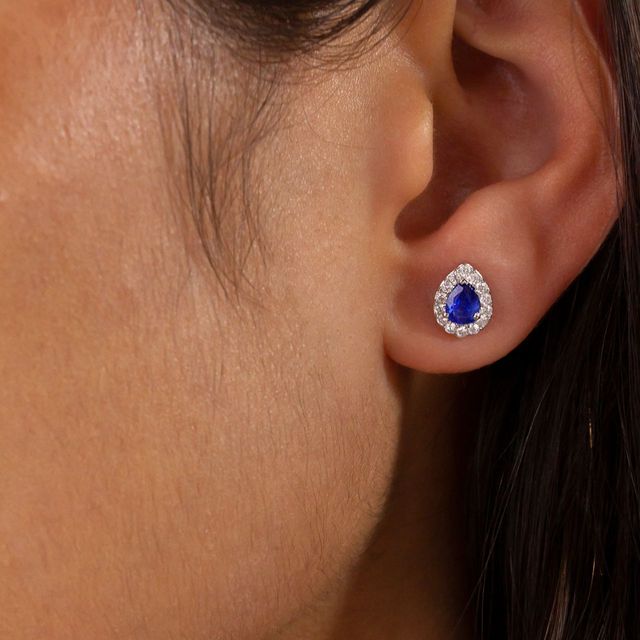 Blue Sapphire Halo Diamond Stud Earrings In White Gold