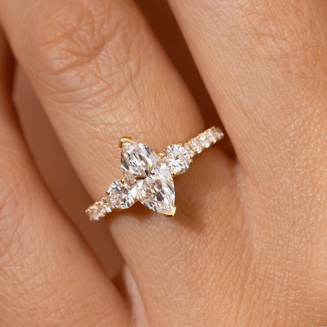 1.40ct Lab Grown Marquise Yellow Gold Crown Trilogy Engagement Ring