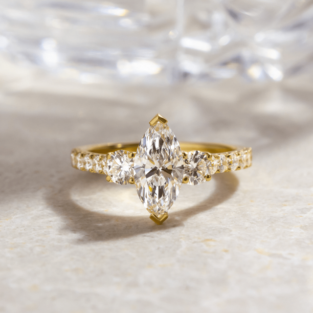 1.40ct Lab Grown Marquise Yellow Gold Crown Trilogy Engagement Ring