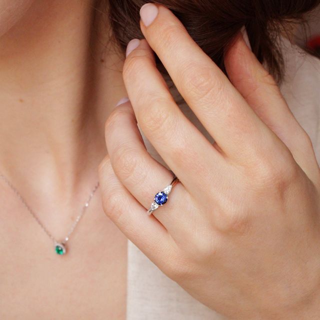 Round Blue Sapphire Trilogy Engagement Ring - 0.40ct