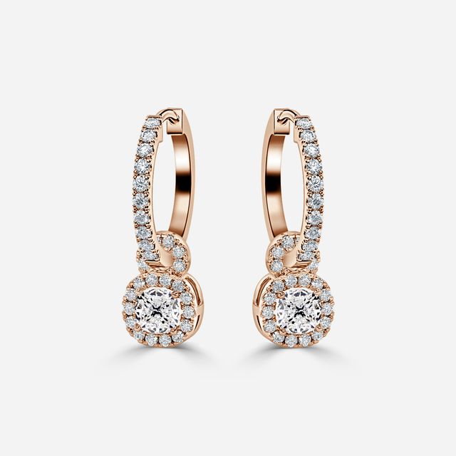 Halo Drop Cushion Diamond Earrings In Rose Gold