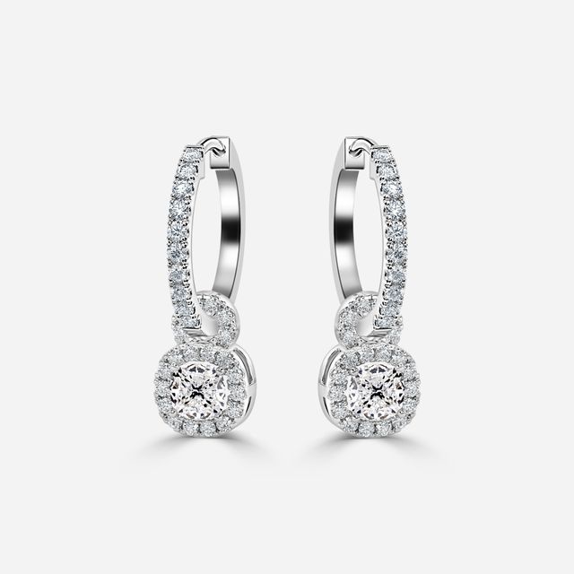 Halo Drop Cushion Diamond Earrings In White Gold
