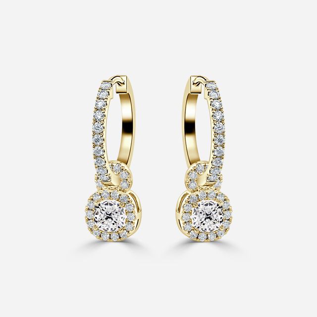 Halo Drop Cushion Diamond Earrings In Yellow Gold