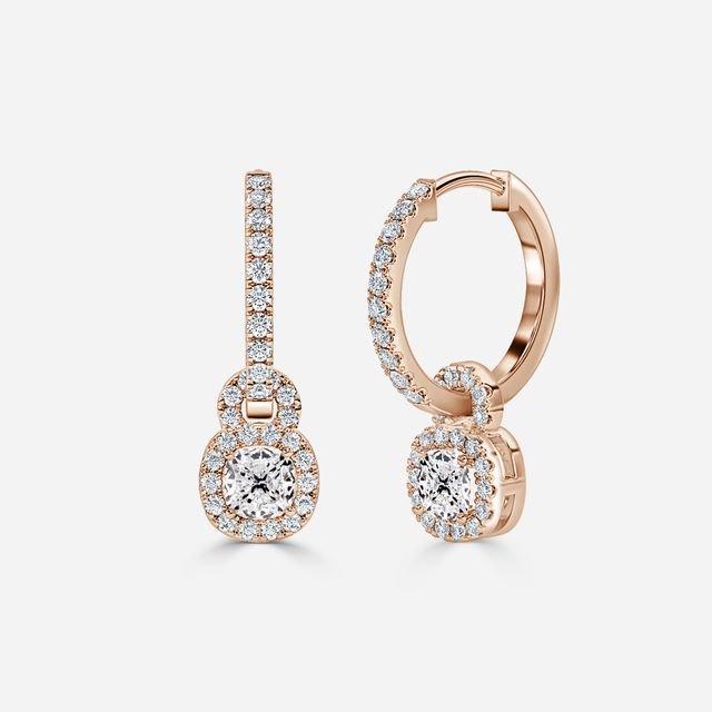 Halo Drop Cushion Diamond Earrings In Rose Gold