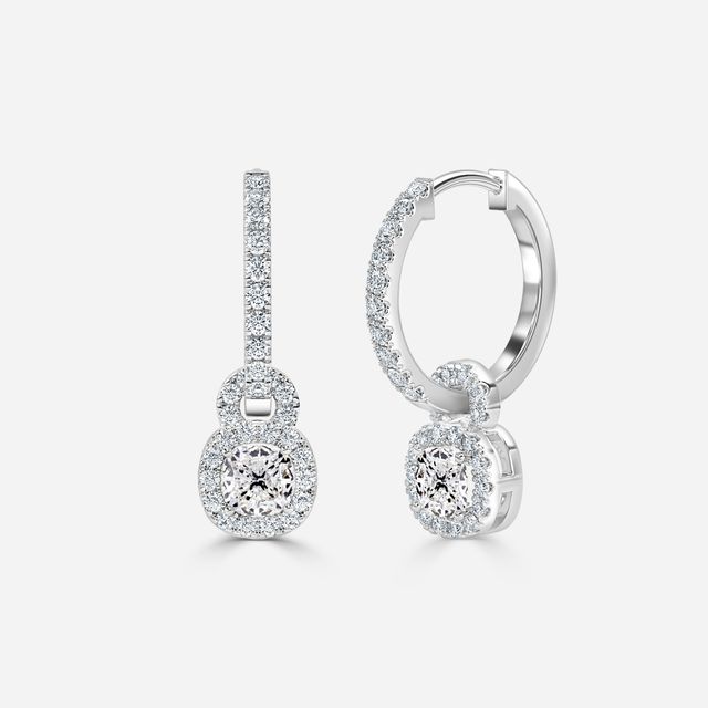 Halo Drop Cushion Diamond Earrings In White Gold