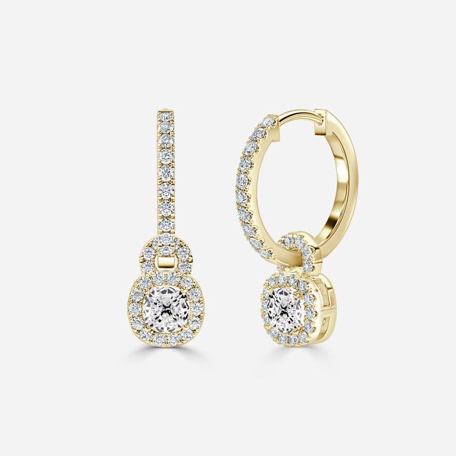 Halo Drop Cushion Diamond Earrings In Yellow Gold