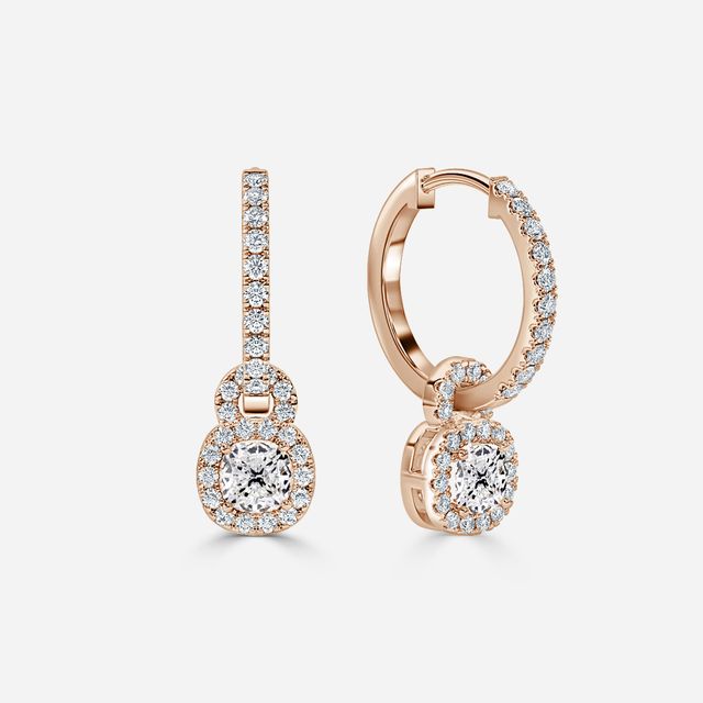 Halo Drop Cushion Diamond Earrings In Rose Gold
