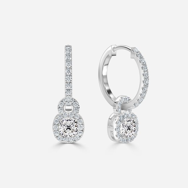 Halo Drop Cushion Diamond Earrings In White Gold