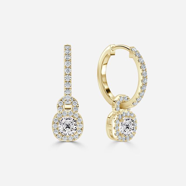 Halo Drop Cushion Diamond Earrings In Yellow Gold