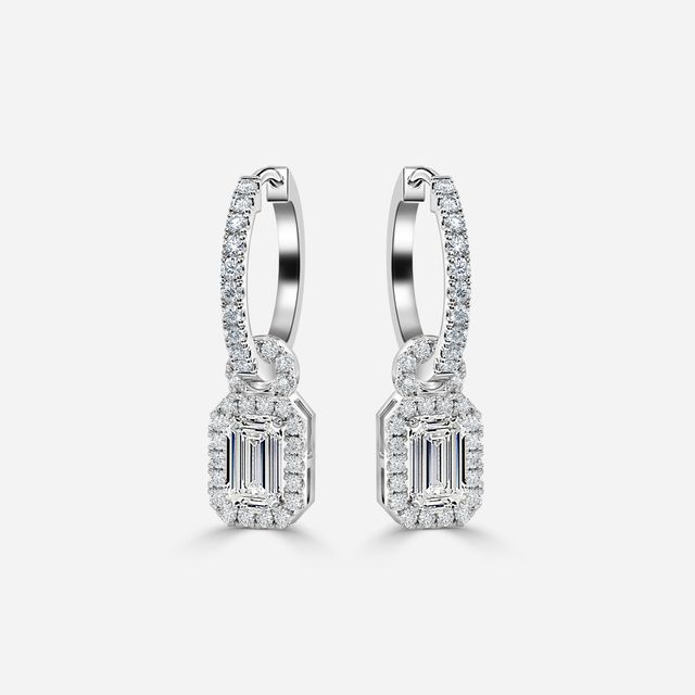 Halo Drop Emerald Diamond Earrings In White Gold