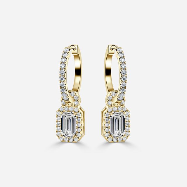 Halo Drop Emerald Earrings In Yellow Gold