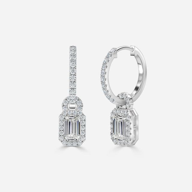 Halo Drop Emerald Diamond Earrings In White Gold