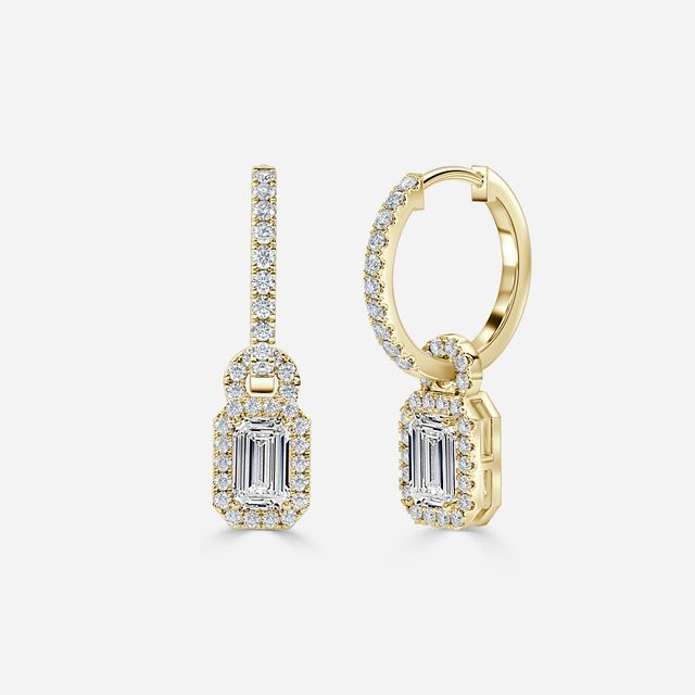 Halo Drop Emerald Earrings In Yellow Gold