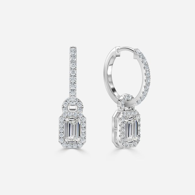 Halo Drop Emerald Diamond Earrings In White Gold
