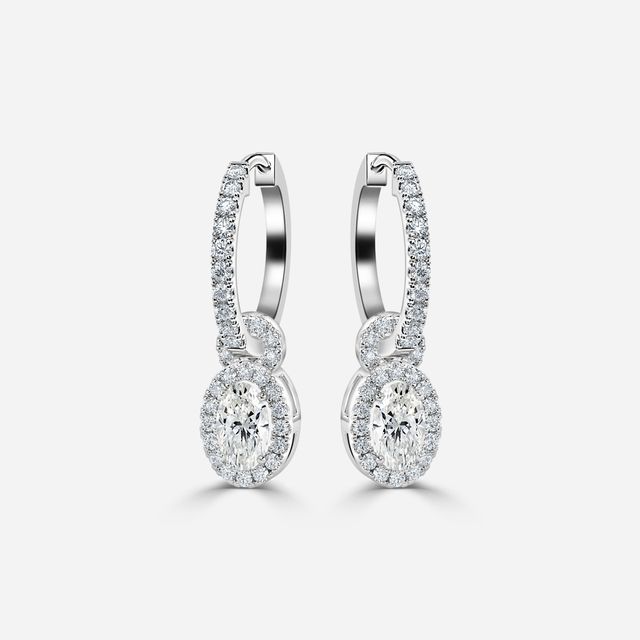 Halo Drop Oval Diamond Earrings In White Gold