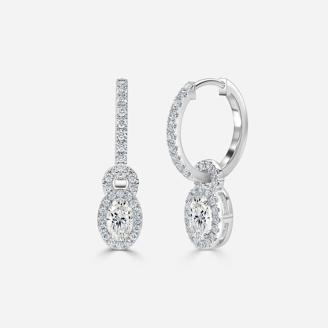 Halo Drop Oval Diamond Earrings In White Gold