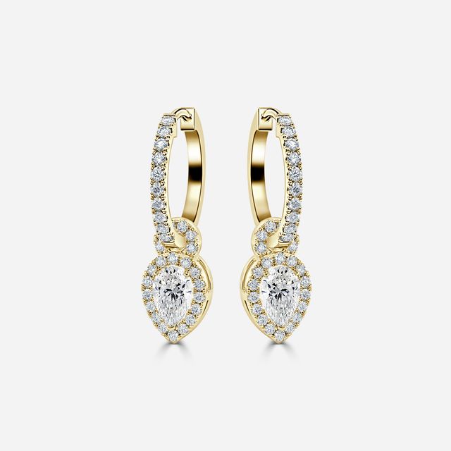 Halo Drop Pear Diamond Earrings In Yellow Gold